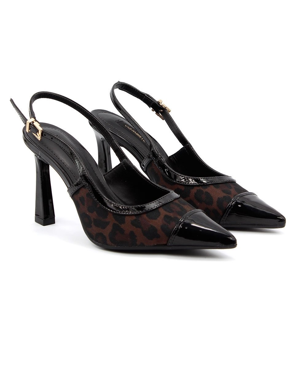 Sapato Slingback Via Marte Salto Alto Fino Preto Onça 3