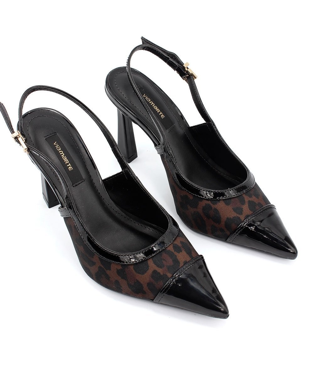 Sapato Slingback Via Marte Salto Alto Fino Preto Onça 4