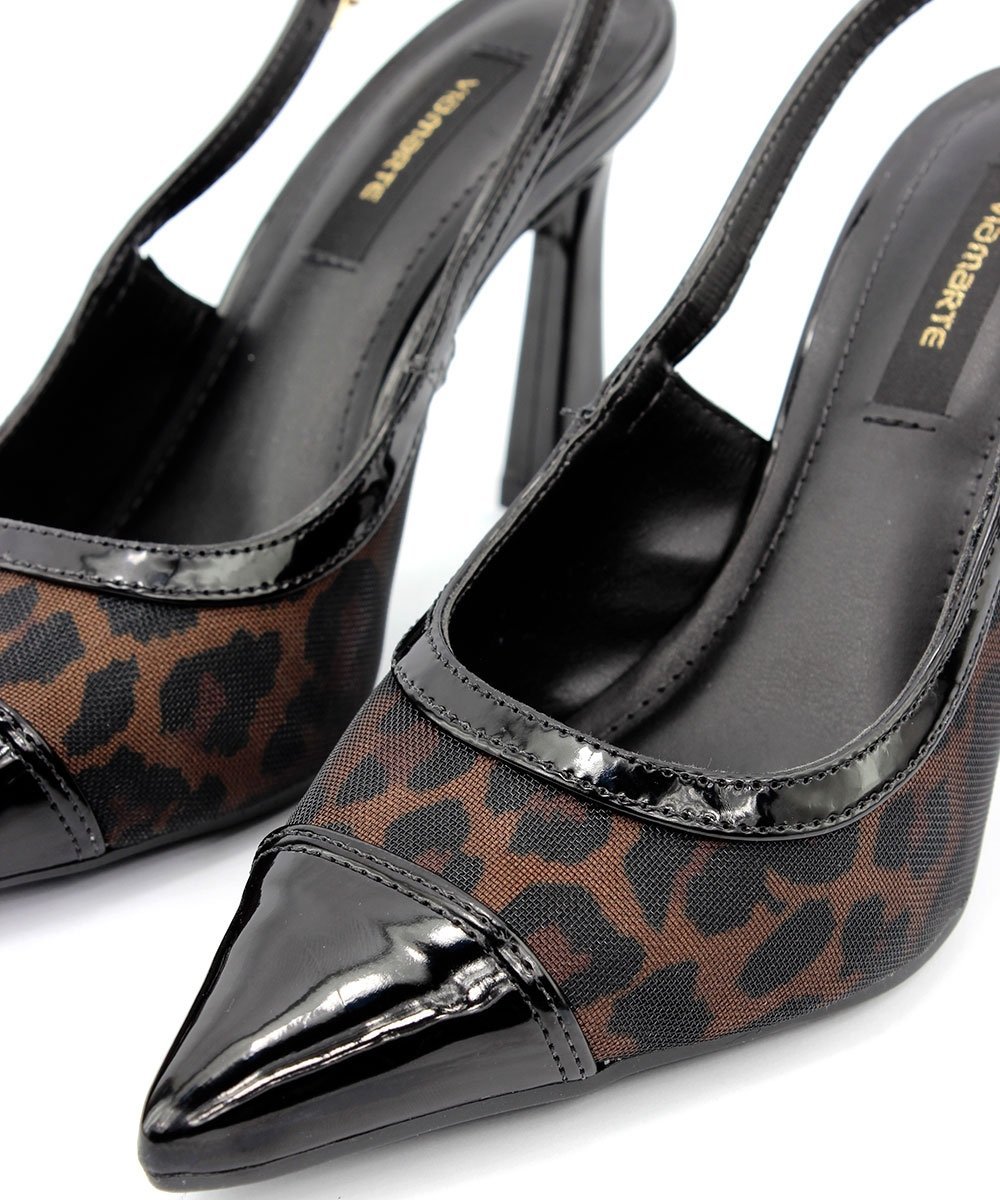 Sapato Slingback Via Marte Salto Alto Fino Preto Onça 5