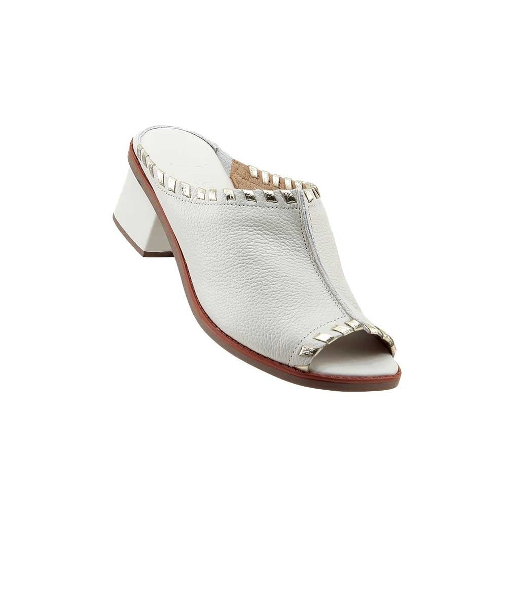 Tamanco Anne Moraes Salto Médio Couro Marfim Branco 3