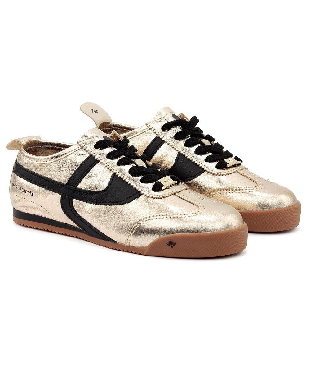 Tênis Feminino Cravo E Canela Couro Ouro Dourado/Preto 3