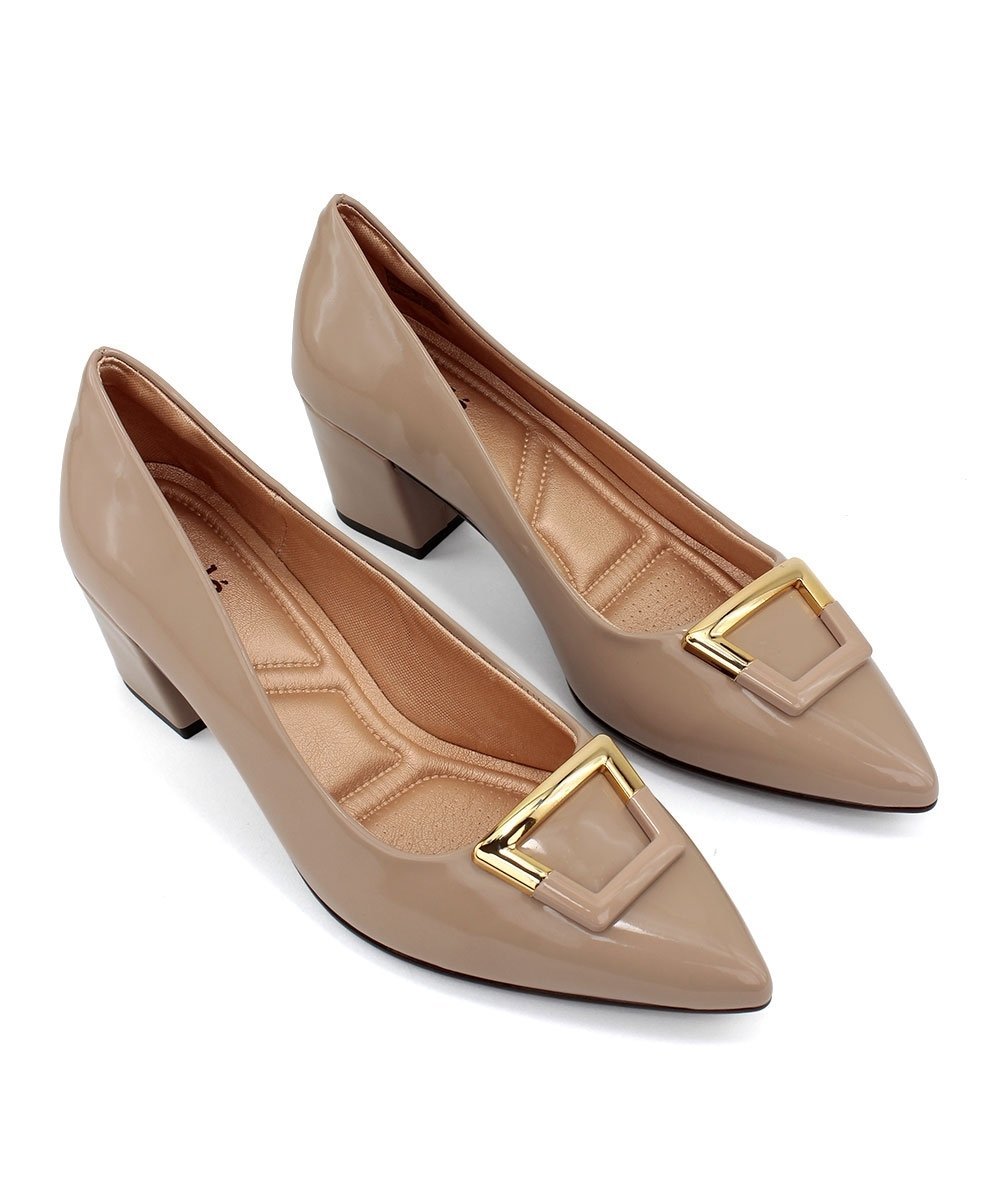Scarpin Light Gel Bico Fino Salto Bloco Taupy Bege 4