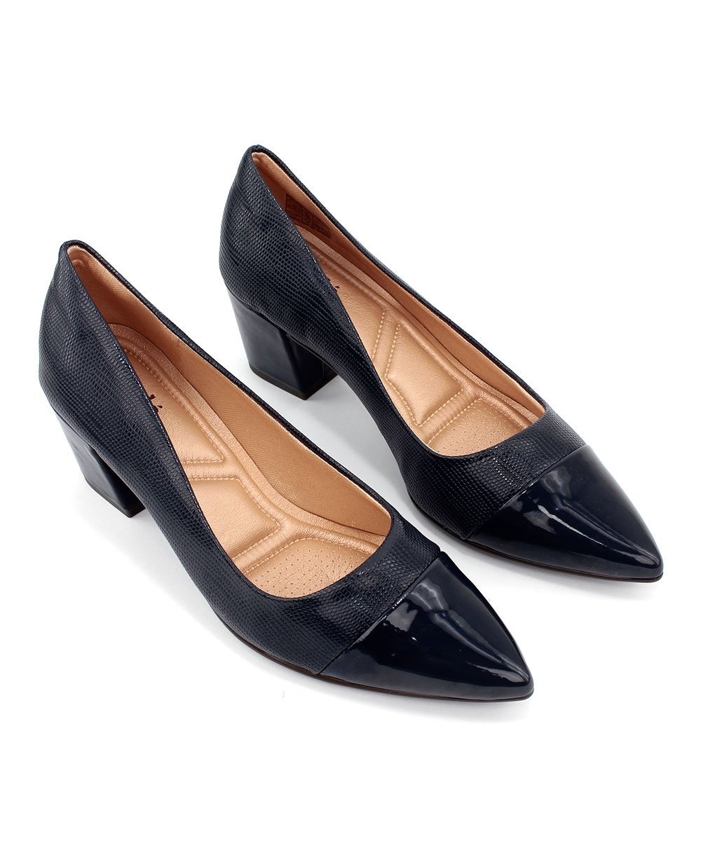 Scarpin Light Gel Bico Fino Salto Bloco Marinho Preto 4