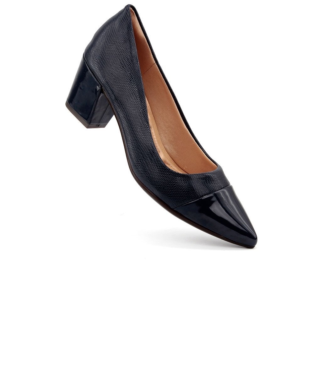 Scarpin Light Gel Bico Fino Salto Bloco Marinho Preto 2