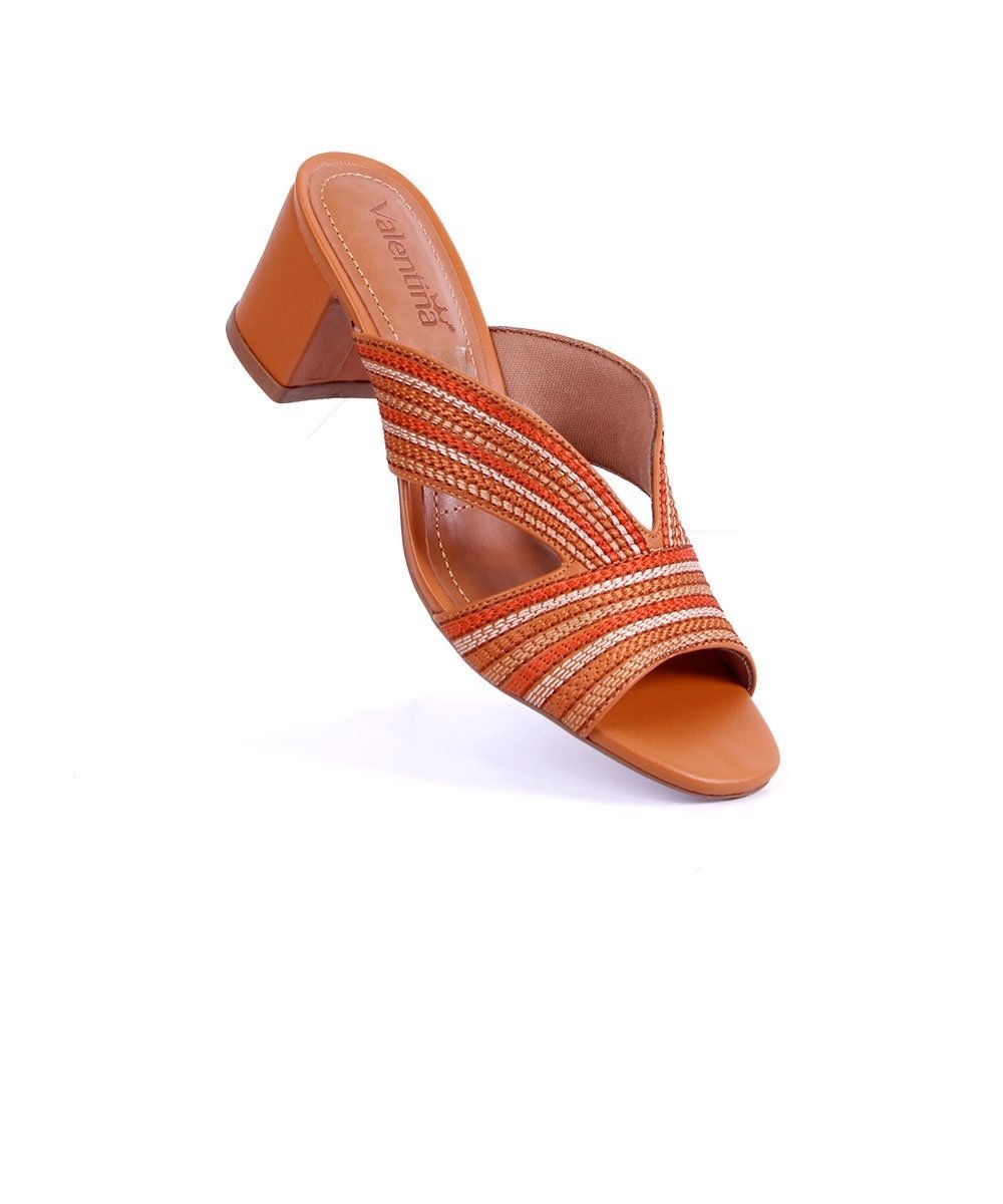 Tamanco Valentina Tramado Salto Bloco Conhaque Laranja 2