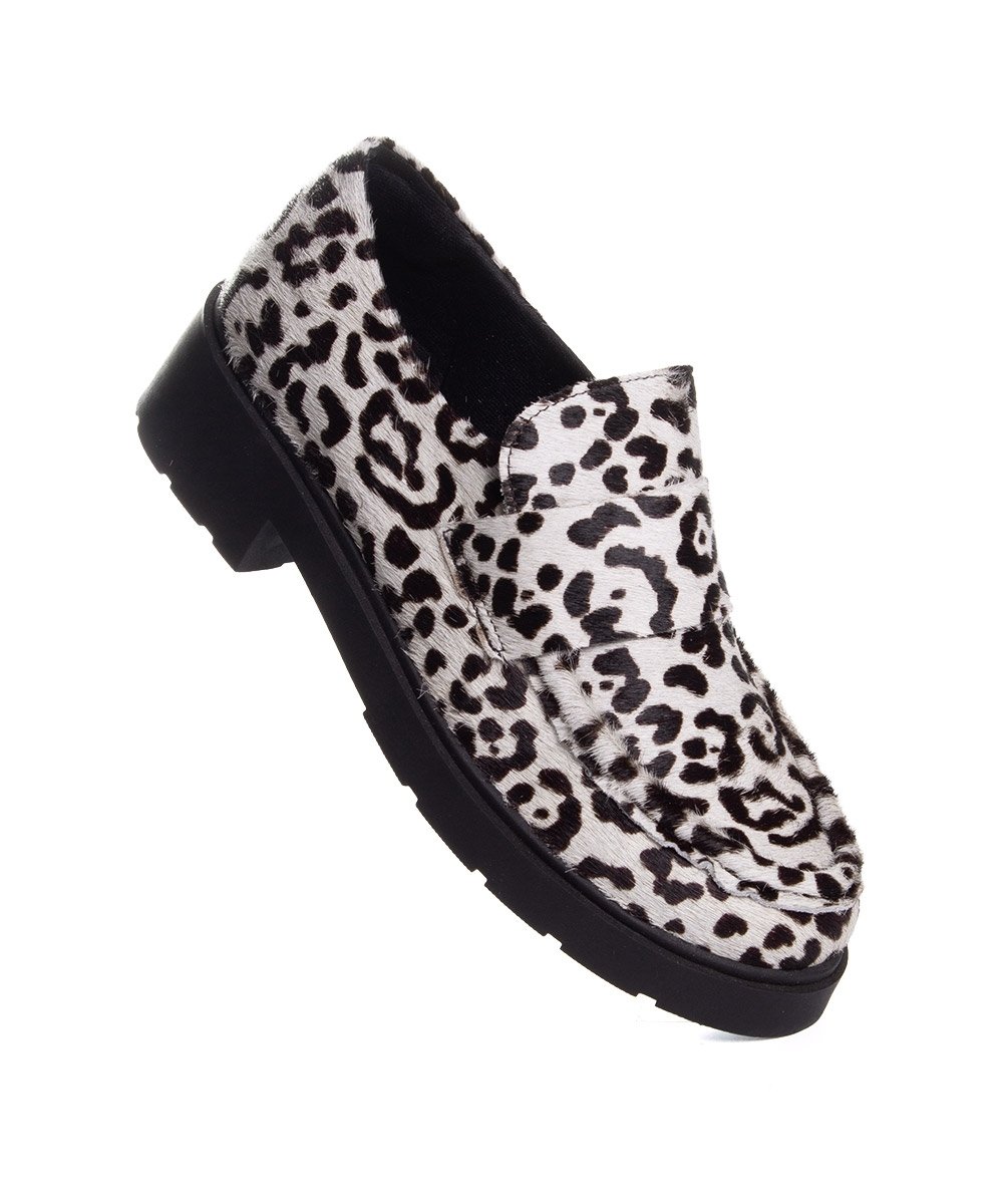 Mocassim Feminino Pixolé Salto Médio Couro Branco/Preto Animal Print 2