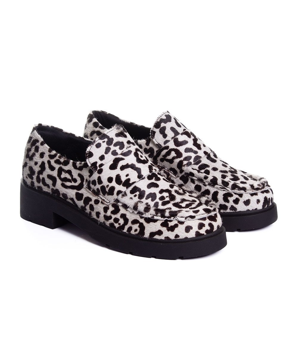 Mocassim Feminino Pixolé Salto Médio Couro Branco/Preto Animal Print 3