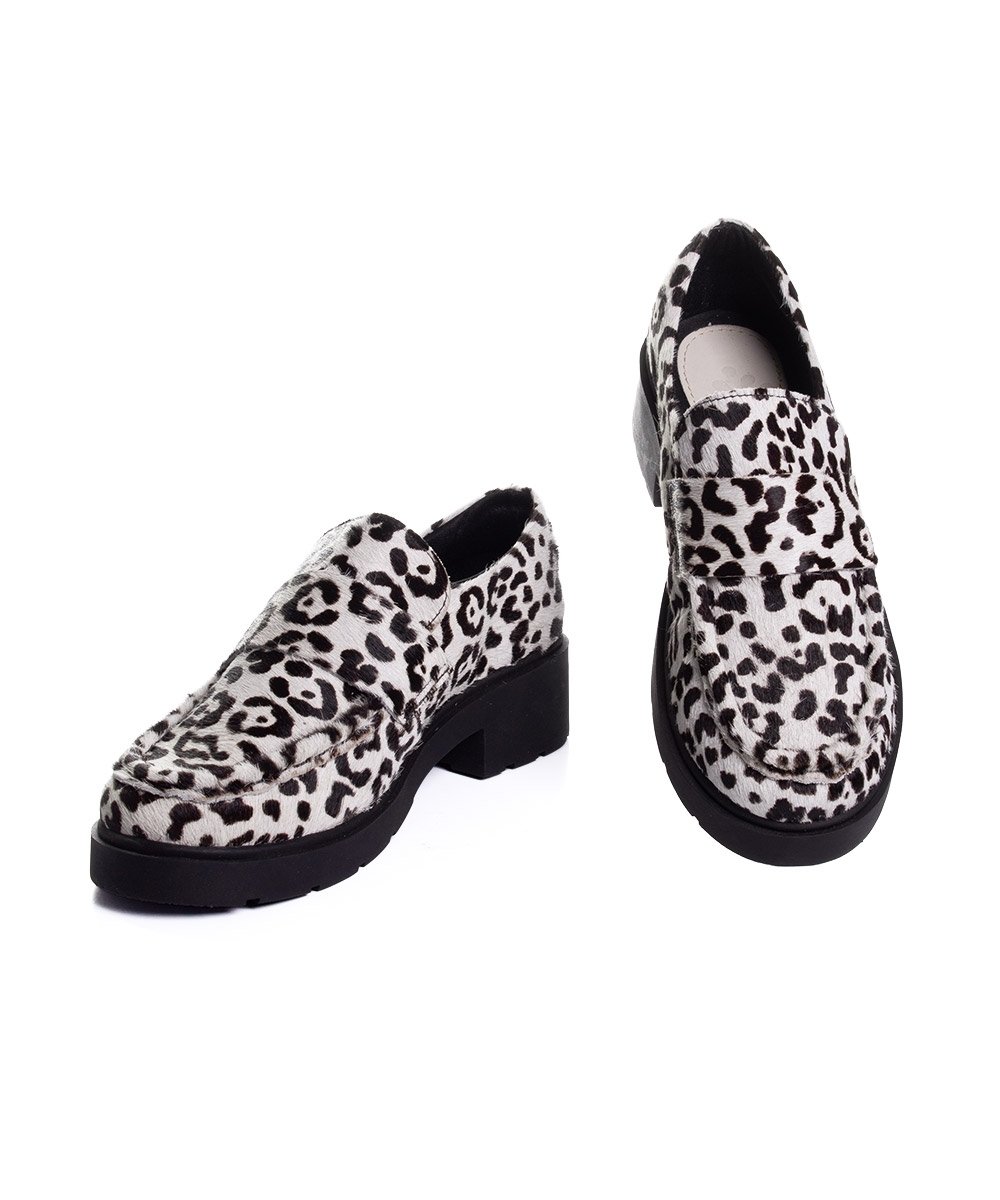 Mocassim Feminino Pixolé Salto Médio Couro Branco/Preto Animal Print 4