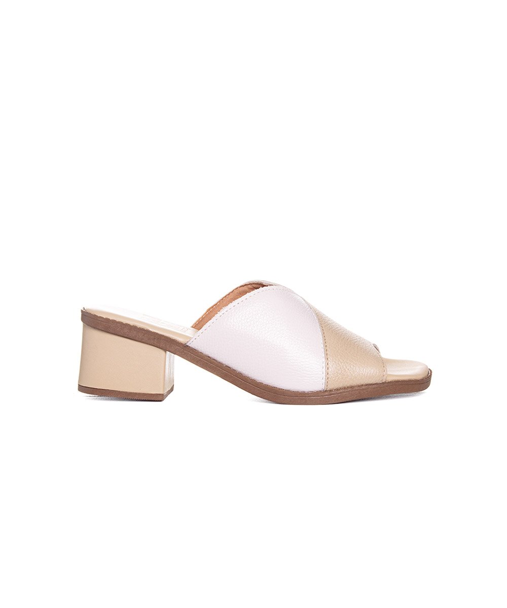 Tamanco Anne Moraes Salto Médio Couro Bege