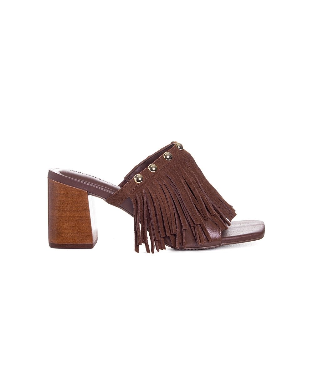 Tamanco Loucos E Santos Tiras Franja Couro Cacau