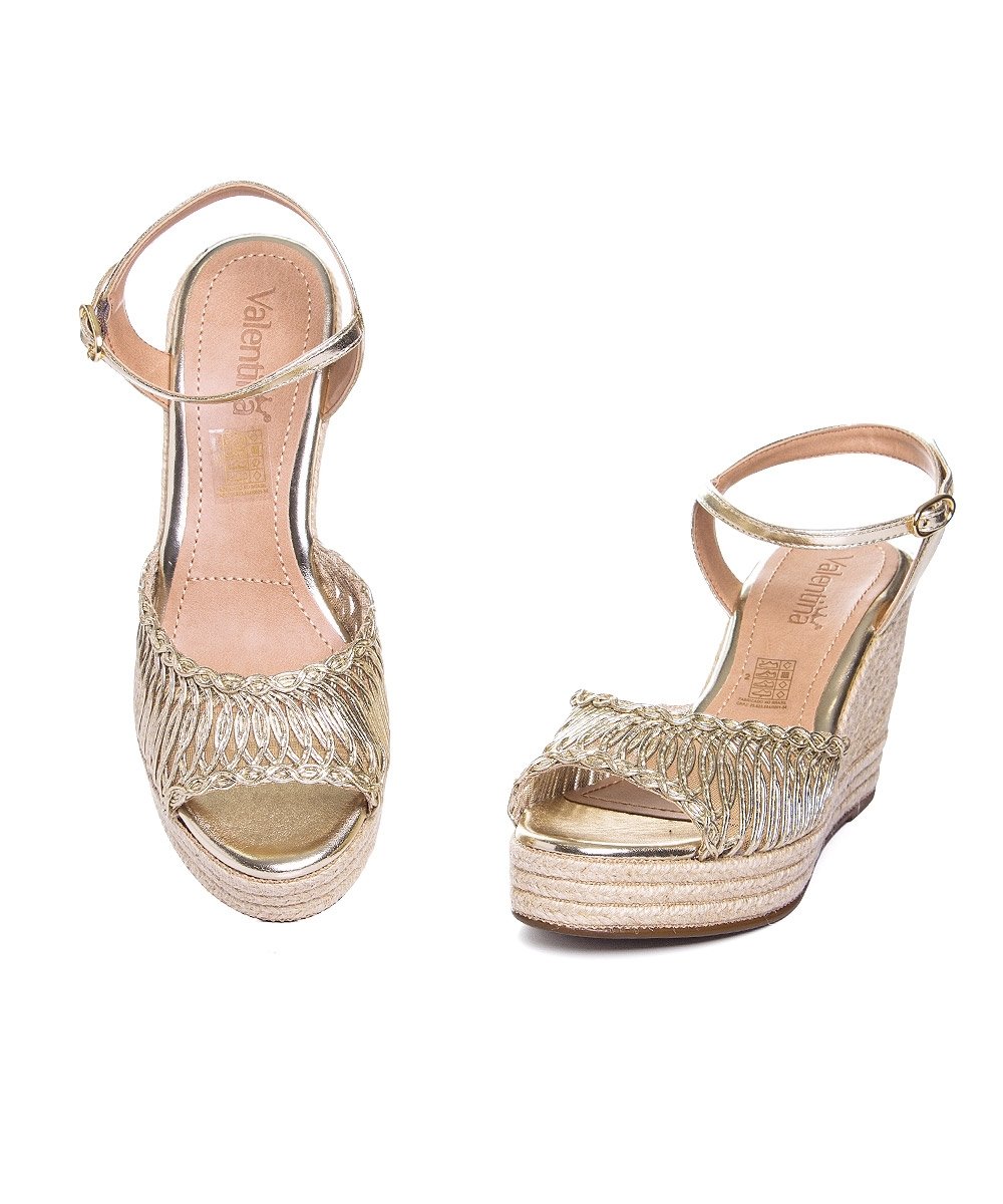 Sandália Anabela Valentina Tramada Ouro Dourado 4