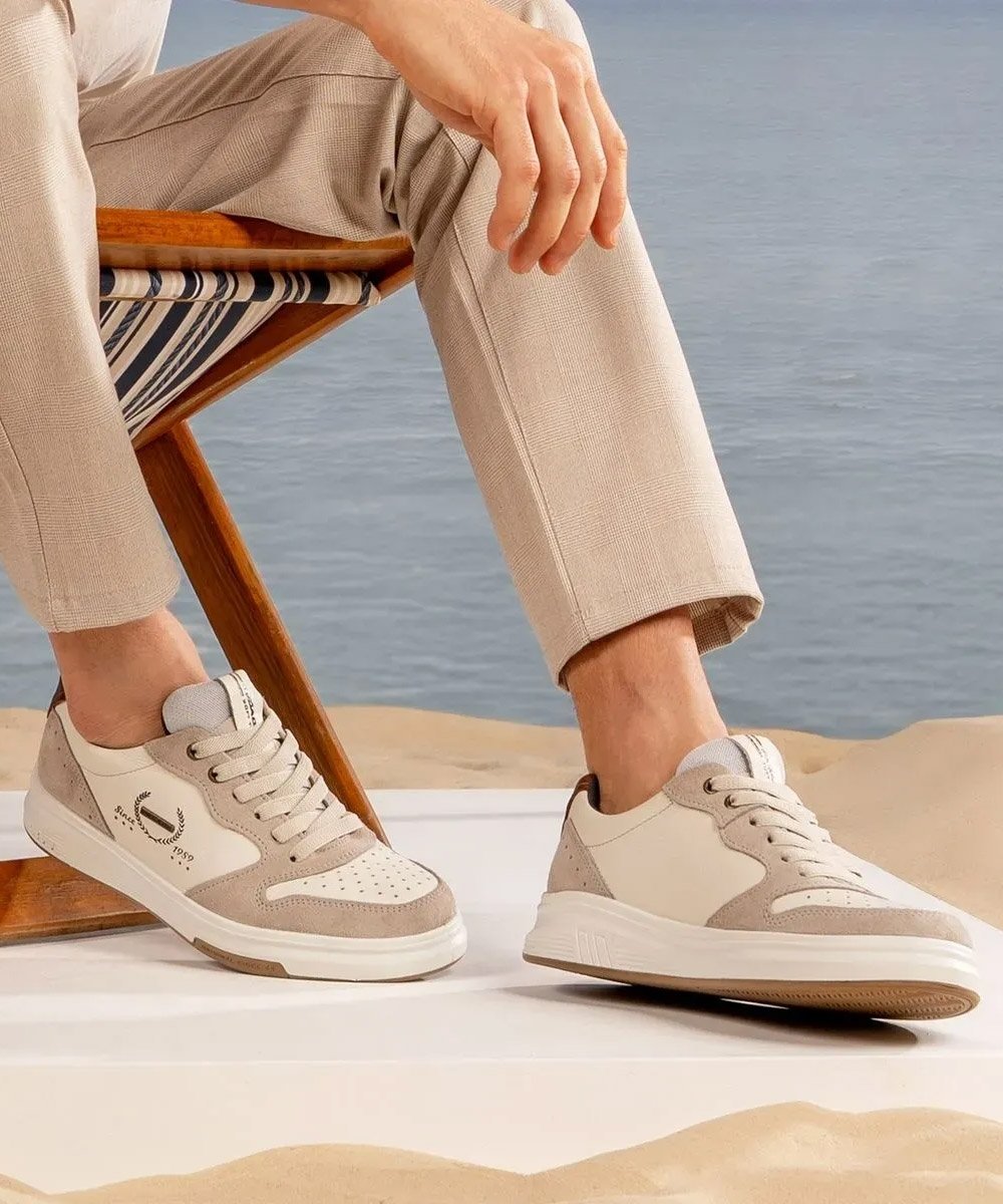 Tênis Masculino Pegada Casual Couro Bege Branco 2