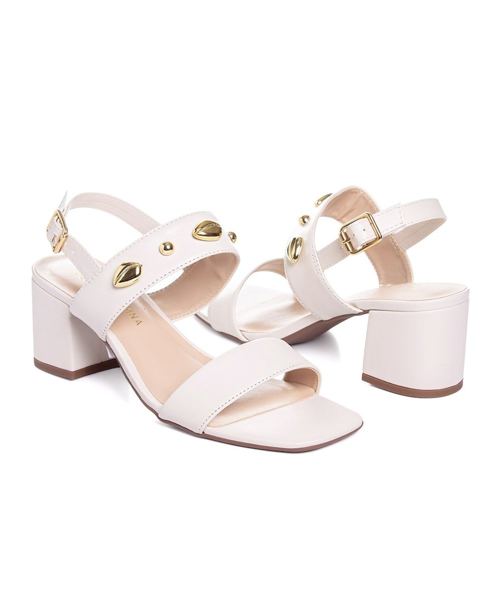 Sandália Giulia Domna Salto Bloco Tiras Couro Off White Branco 4