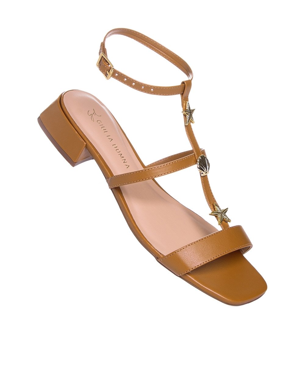 Sandália Giulia Domna Salto Bloco Couro Camel Marrom 5