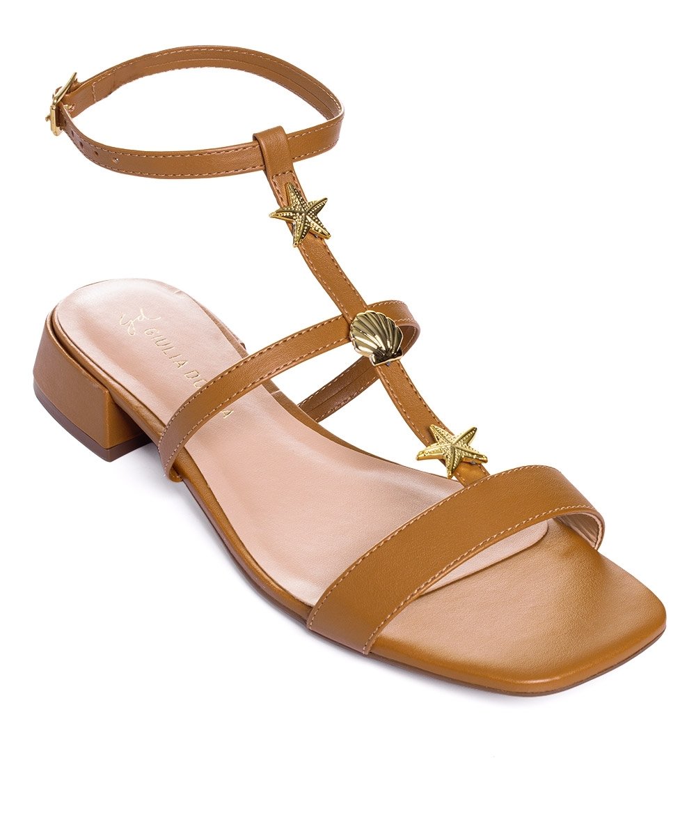 Sandália Giulia Domna Salto Bloco Couro Camel Marrom 2