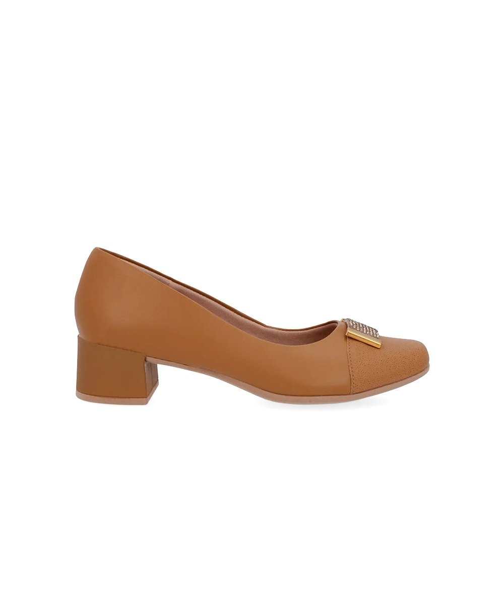 Sapato Scarpin Usaflex Salto Baixo Couro Caramelo