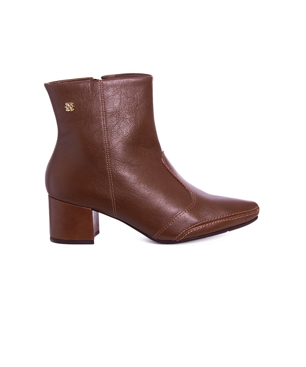 Bota Cano Curto Ramarim Salto Bloco Couro Marrom
