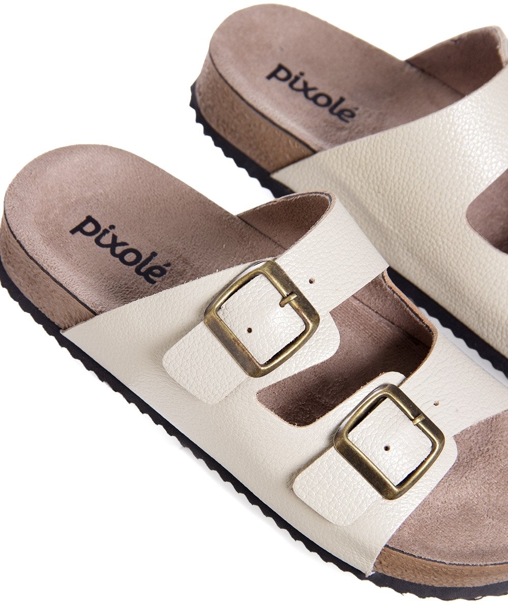 Tamanco Flat Pixolé Fivelas Couro Branco Branco 5