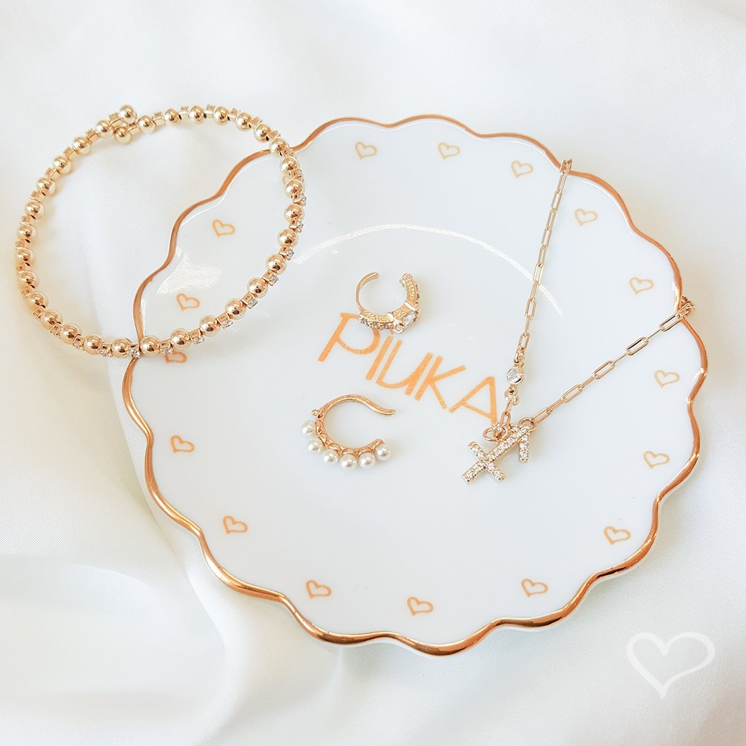 PRATINHO PORTA JOIA DO DIA PIUKA PORCELANA COM FILETE DE OURO Dourado 4