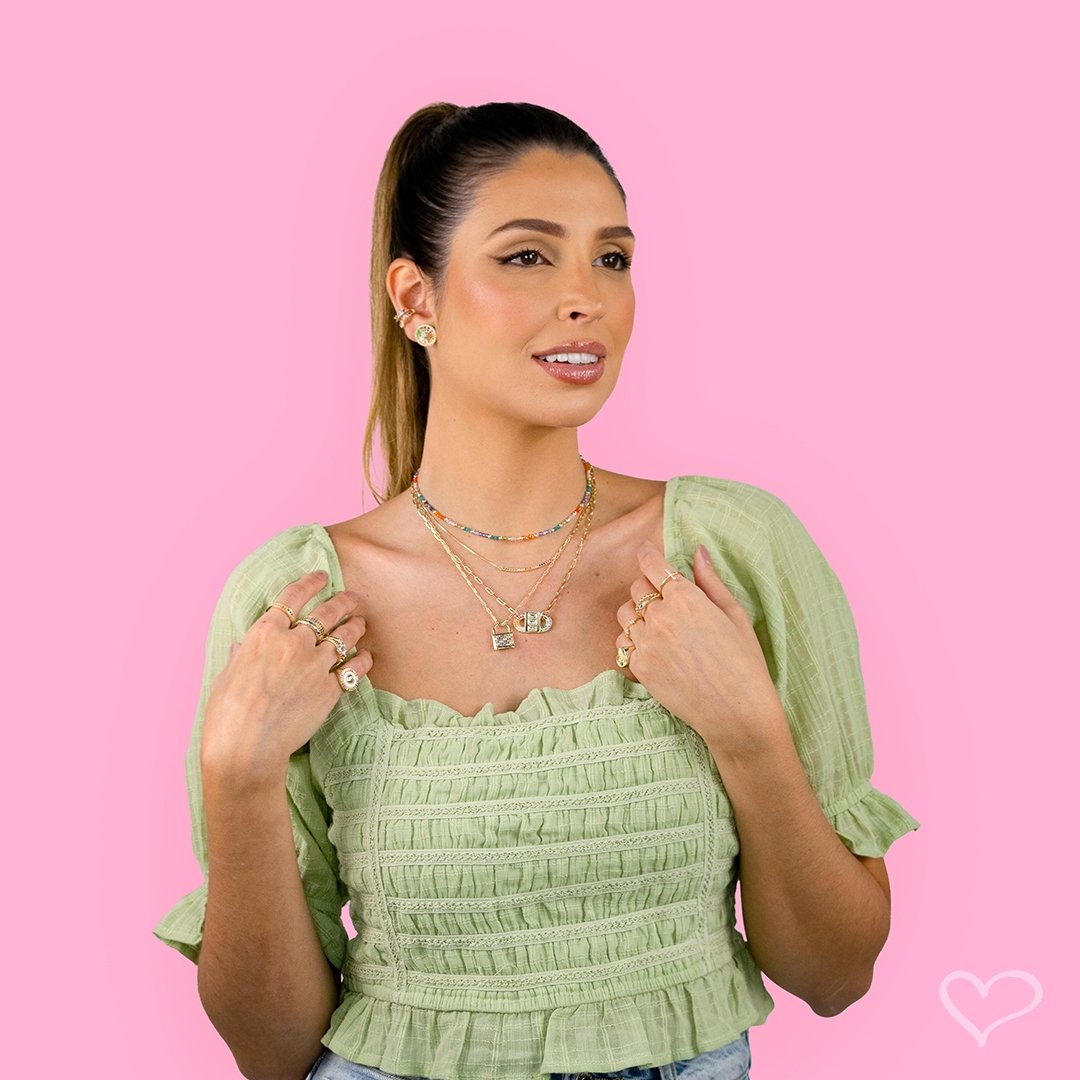 COLAR FEMININO LAYLA CADEADO ZIRCÔNIAS COLORIDAS FOLHEADO A OURO 18K Dourado 2