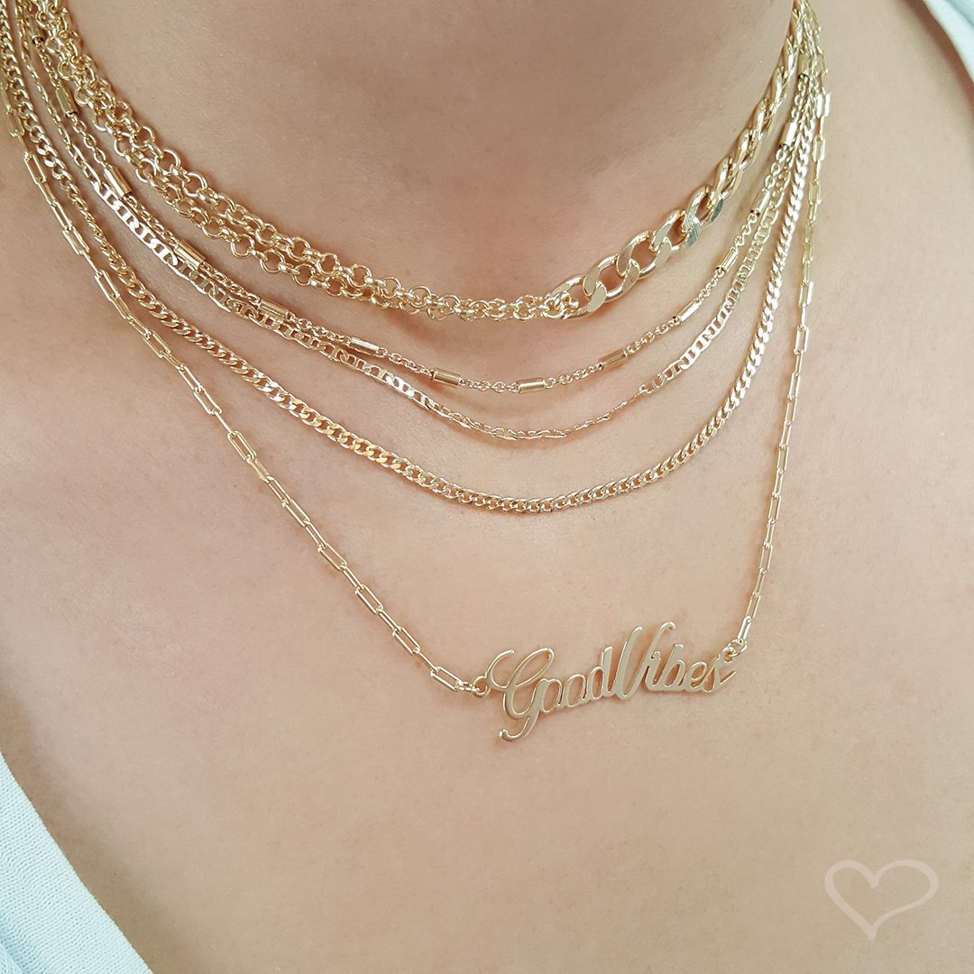 COLAR FEMININO GOOD VIBES FOLHEADO À OURO 18K Dourado 2