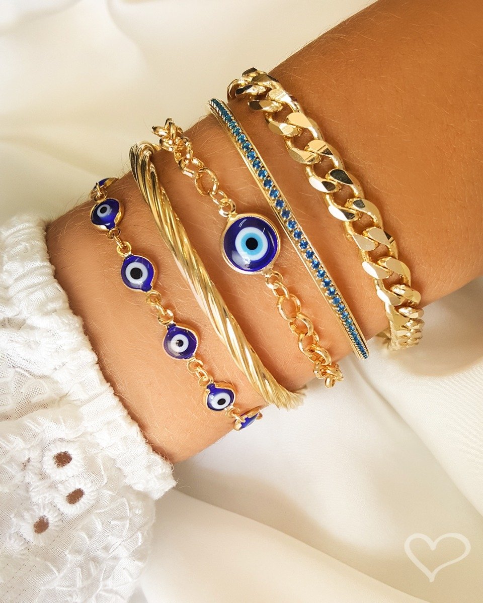 PULSEIRA AJUSTÁVEL FOLHEADA A OURO 18K GRÉCIA OLHO GREGO PEQUENO AZUL Dourado 2
