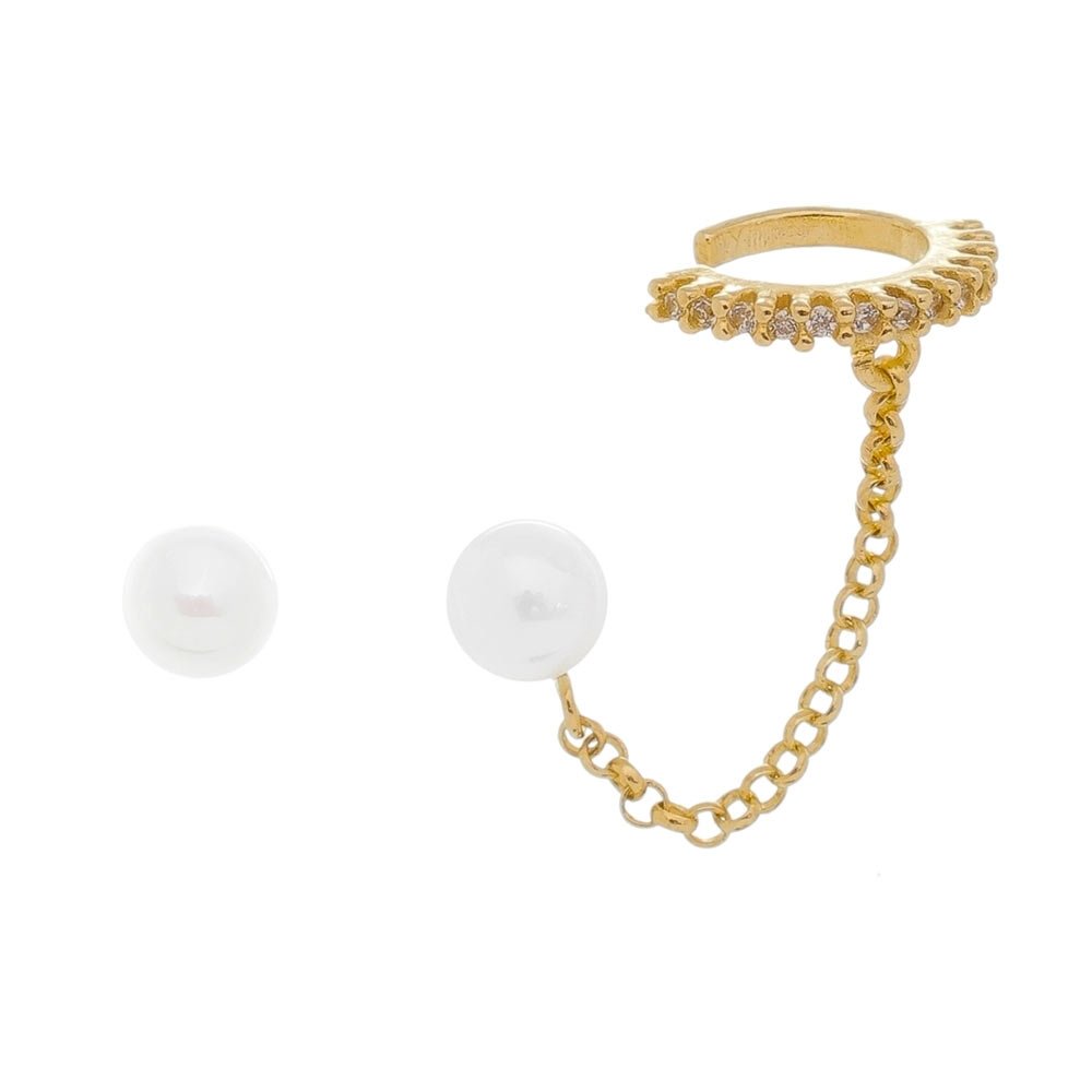 BRINCO EAR LINE ALINE PÉROLA E ZIRCÔNIA CRISTAL FOLHEADO A OURO 18K