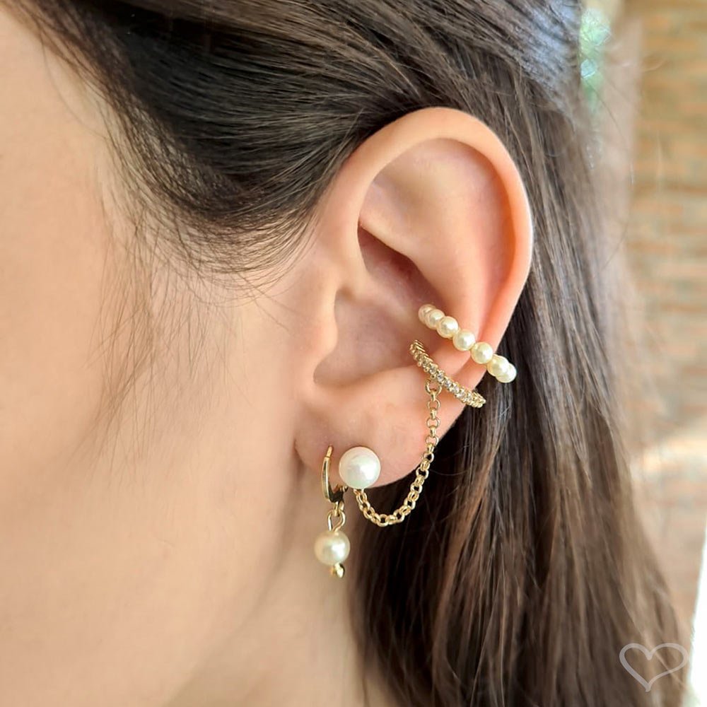 BRINCO EAR LINE ALINE PÉROLA E ZIRCÔNIA CRISTAL FOLHEADO A OURO 18K Dourado 2