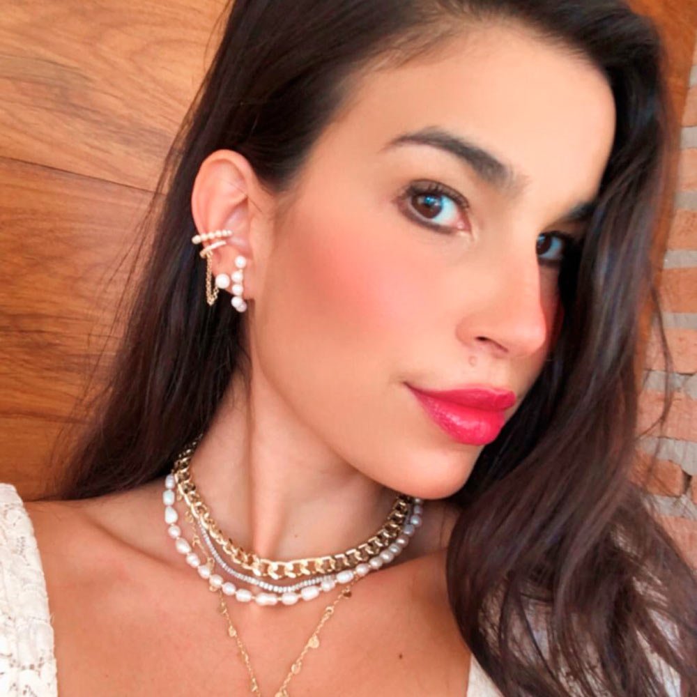 BRINCO EAR LINE ALINE PÉROLA E ZIRCÔNIA CRISTAL FOLHEADO A OURO 18K Dourado 3