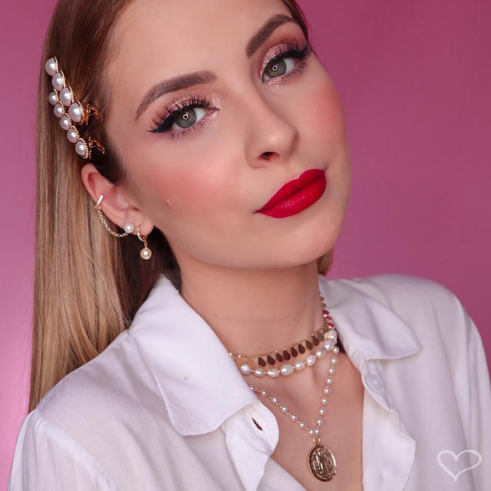 BRINCO EAR LINE ALINE PÉROLA E ZIRCÔNIA CRISTAL FOLHEADO A OURO 18K Dourado 5