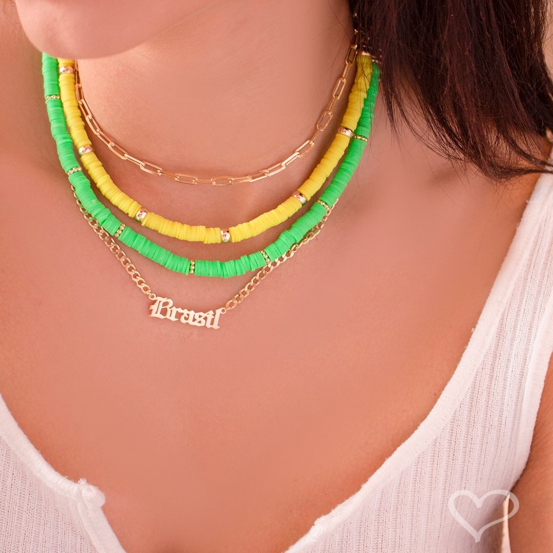 COLAR MANUSCRITO BRASIL FOLHEADO A OURO 18K Dourado 5
