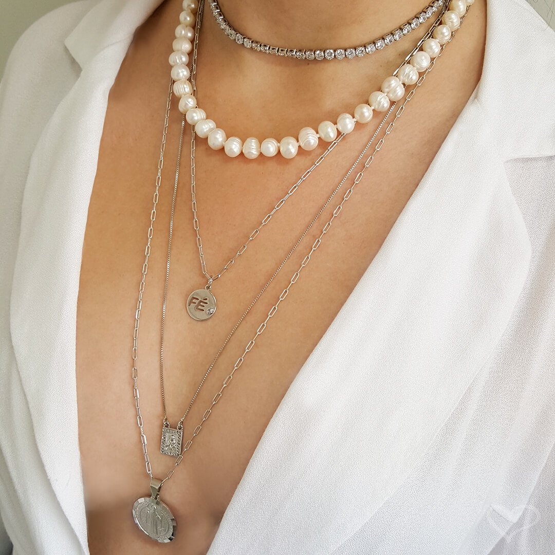 COLAR FÉ ZIRCÔNIA FOLHEADO EM RÓDIO BRANCO Prata 3