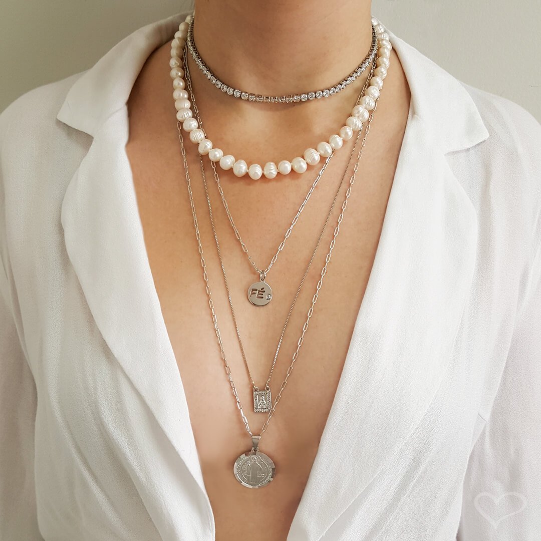 COLAR FÉ ZIRCÔNIA FOLHEADO EM RÓDIO BRANCO Prata 4