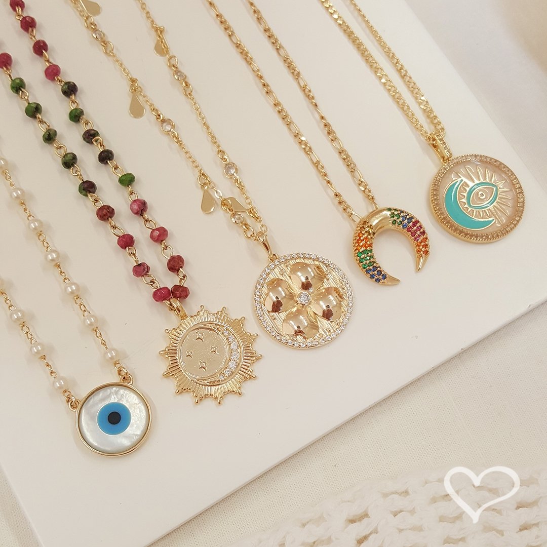 COLAR PIUKA LUNA CHIFRE ITALIANO ZIRCÔNIAS COLORIDAS FOLHEADO A OURO 18K Dourado 4