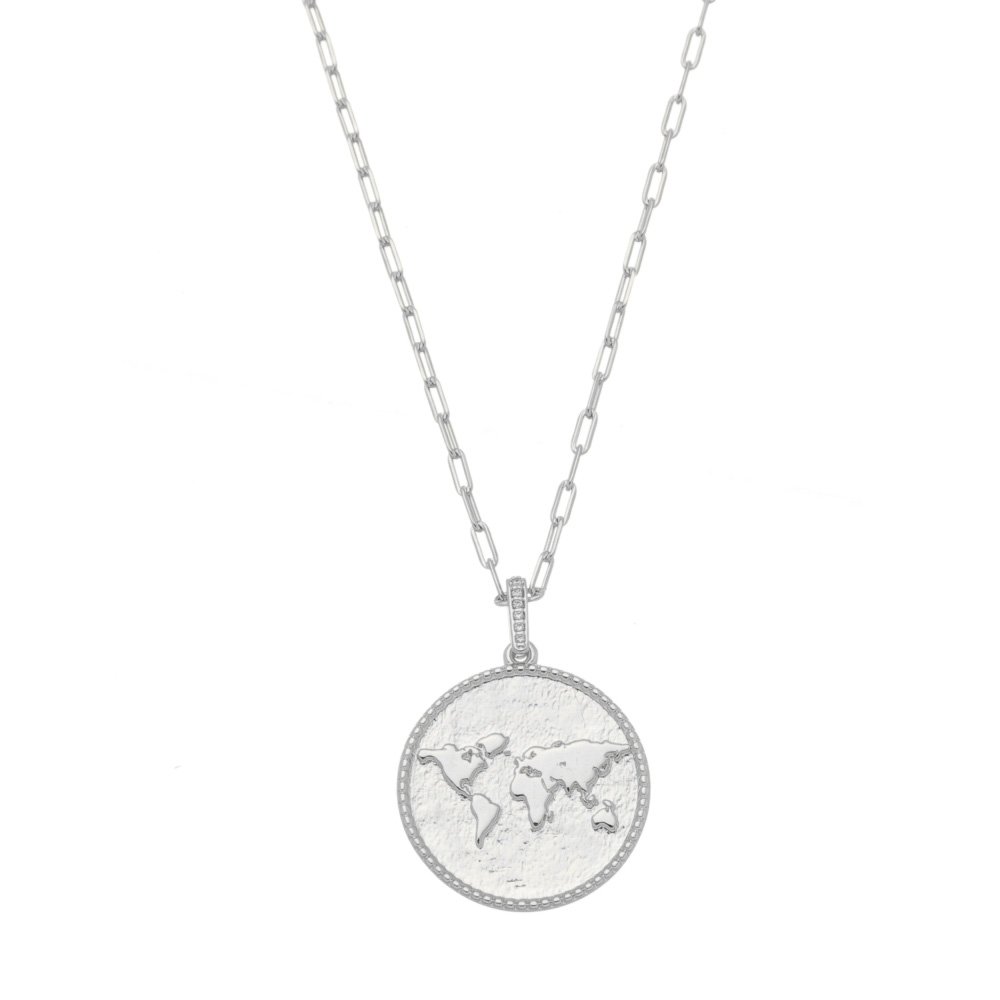COLAR FEMININO MEDALHA MAPA MUNDI SONHE ALTO FOLHEADO EM RÓDIO BRANCO Prata 1