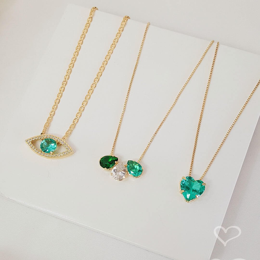 COLAR DE CORAÇÃO ZIRCÔNIA TURMALINA JUNNY FOLHEADO A OURO 18K Dourado 3