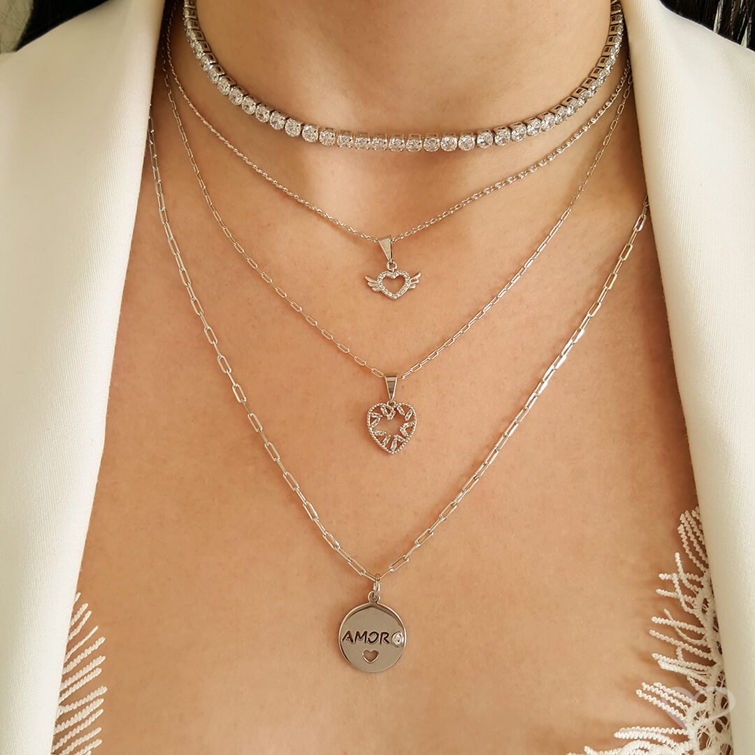 COLAR FEMININO AMOR ZIRCÔNIA FOLHEADO EM RÓDIO BRANCO Prata 5