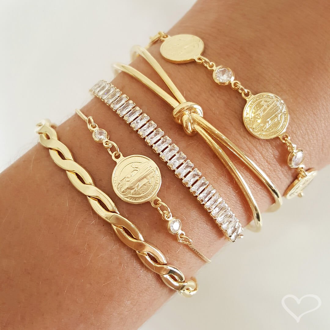 PULSEIRA FOLHEADA A OURO 18K AJUSTÁVEL PEQUENA ZIRCÔNIAS BAGUETE CRISTAL TAYLOR Dourado 2