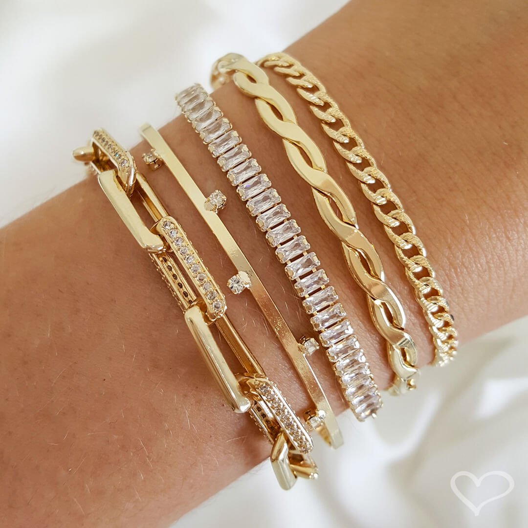 PULSEIRA FOLHEADA A OURO 18K AJUSTÁVEL PEQUENA ZIRCÔNIAS BAGUETE CRISTAL TAYLOR Dourado 3
