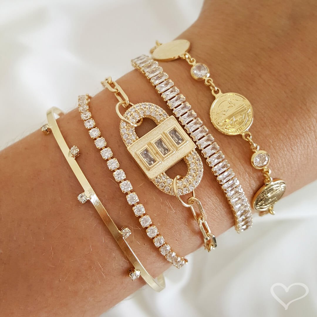 PULSEIRA FOLHEADA A OURO 18K AJUSTÁVEL PEQUENA ZIRCÔNIAS BAGUETE CRISTAL TAYLOR Dourado 4