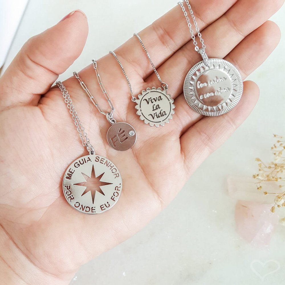 COLAR LONGO MEDALHA HO'OPONOPONO VINTAGE FOLHEADO EM RÓDIO BRANCO Prata 2