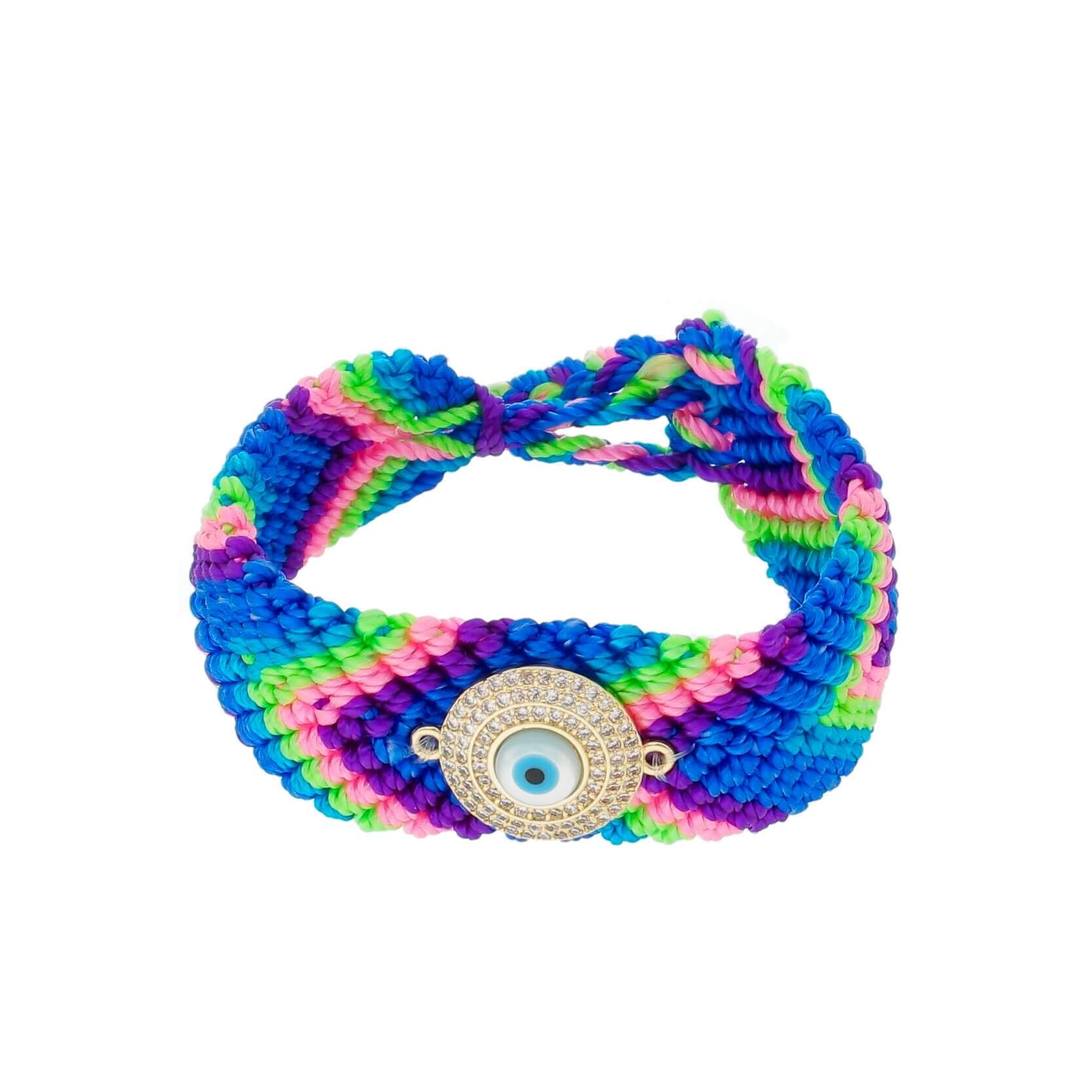 PULSEIRA AJUSTÁVEL OLHO GREGO MACRAMÊ TONS DE AZUL MADREPÉROLA ZIRCÔNIAS DANNA