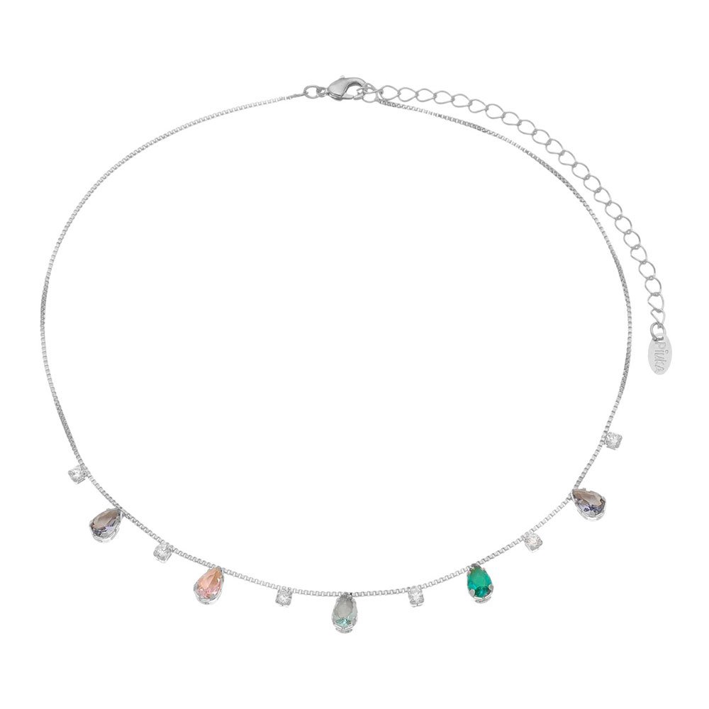 CHOKER PIUKA DHIL GOTAS ZIRCÔNIAS COLORIDAS FOLHEADA EM RÓDIO BRANCO