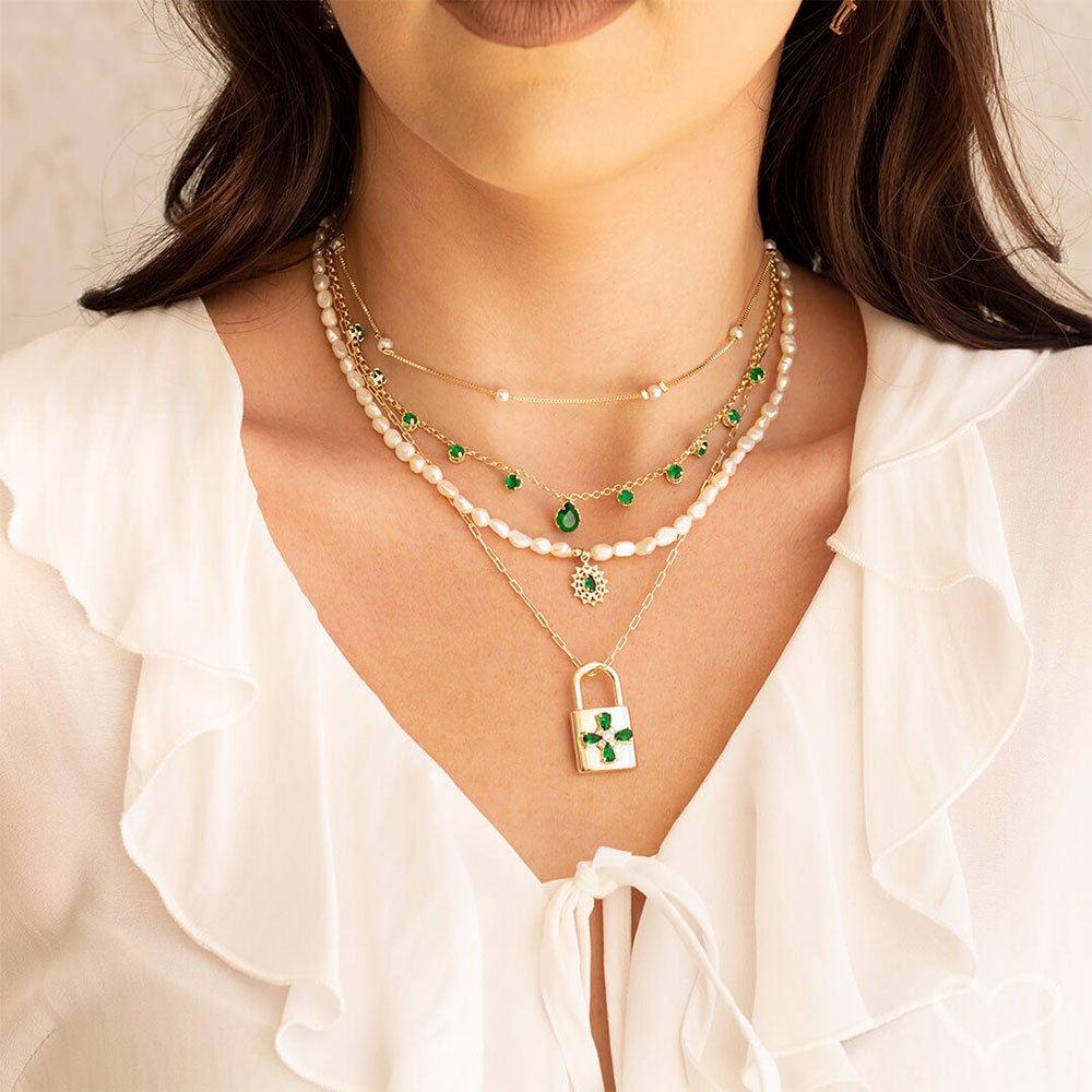 CHOKER ZIRCÔNIAS ESMERALDA FOLHEADA A OURO 18K MURIEL Dourado 2