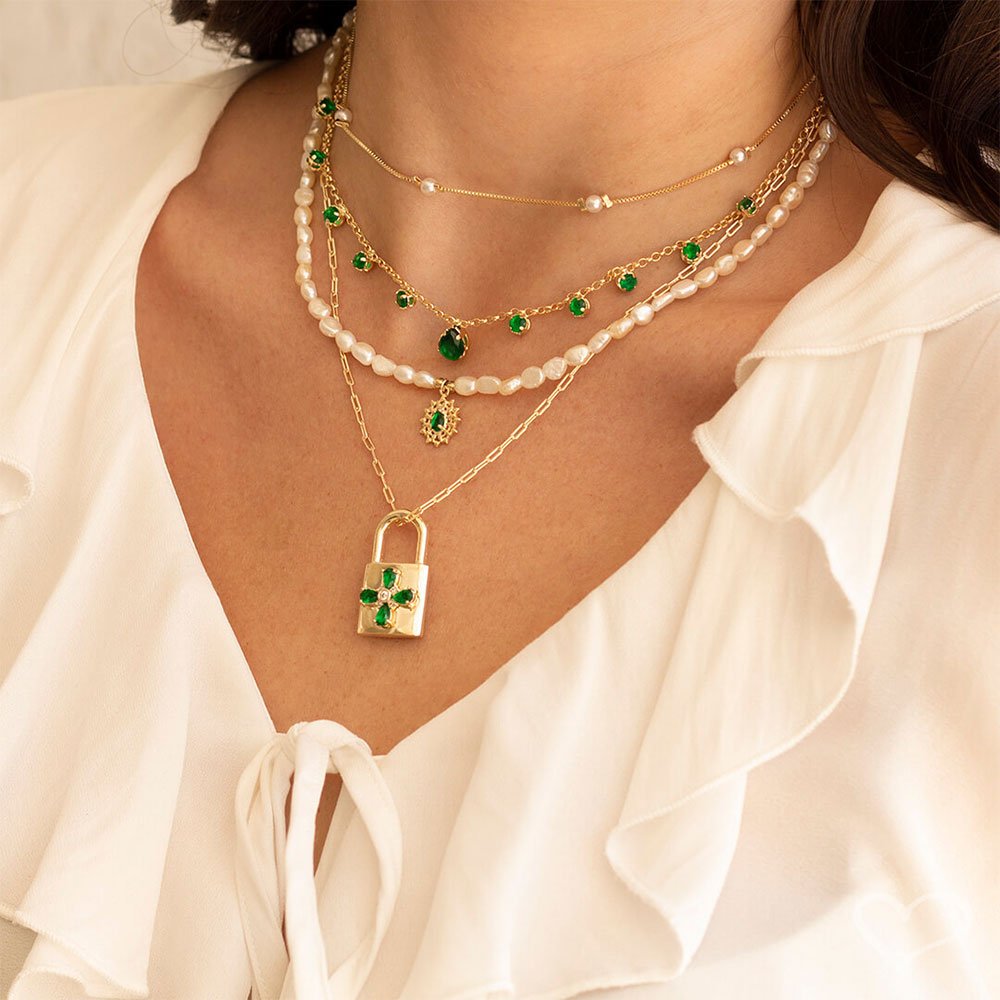 CHOKER ZIRCÔNIAS ESMERALDA FOLHEADA A OURO 18K MURIEL Dourado 4