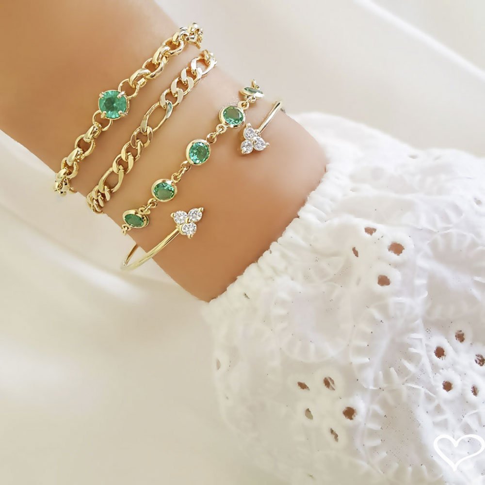 PULSEIRA FOLHEADA A OURO 18K AJUSTÁVEL ZIRCÔNIAS TURMALINA BETINA Dourado 2