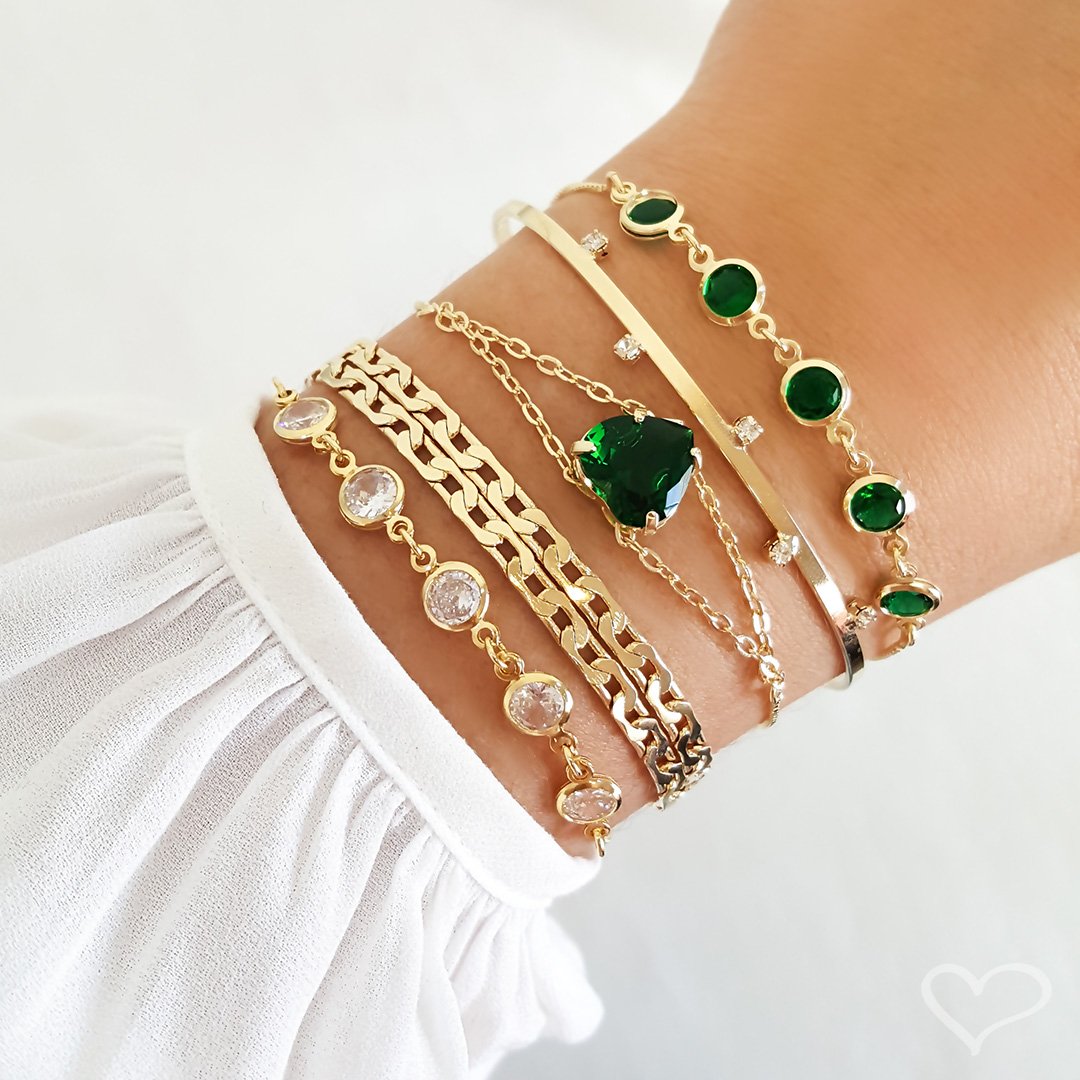 PULSEIRA FOLHEADA A OURO 18K AJUSTÁVEL ZIRCÔNIAS ESMERALDA BETINA Dourado 2