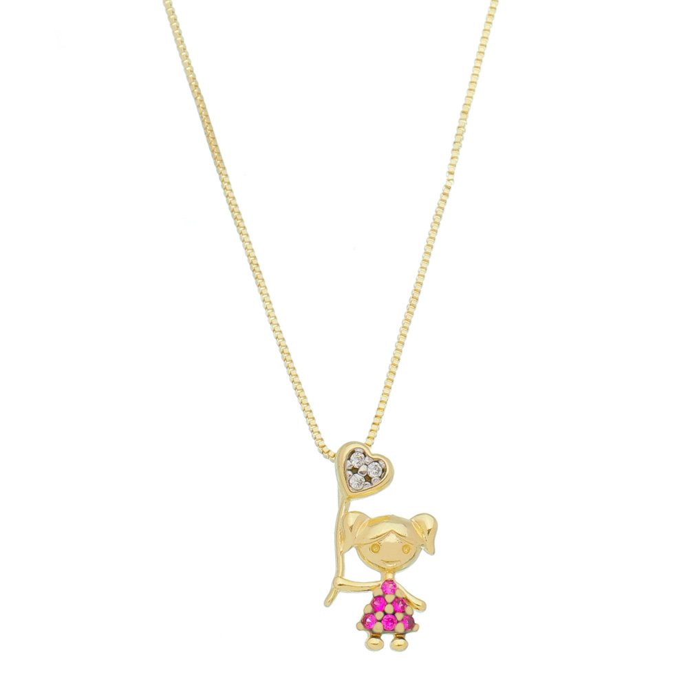 COLAR MÃE DE MENINA CORAÇÃO ZIRCÔNIAS PINK FOLHEADO A OURO 18K