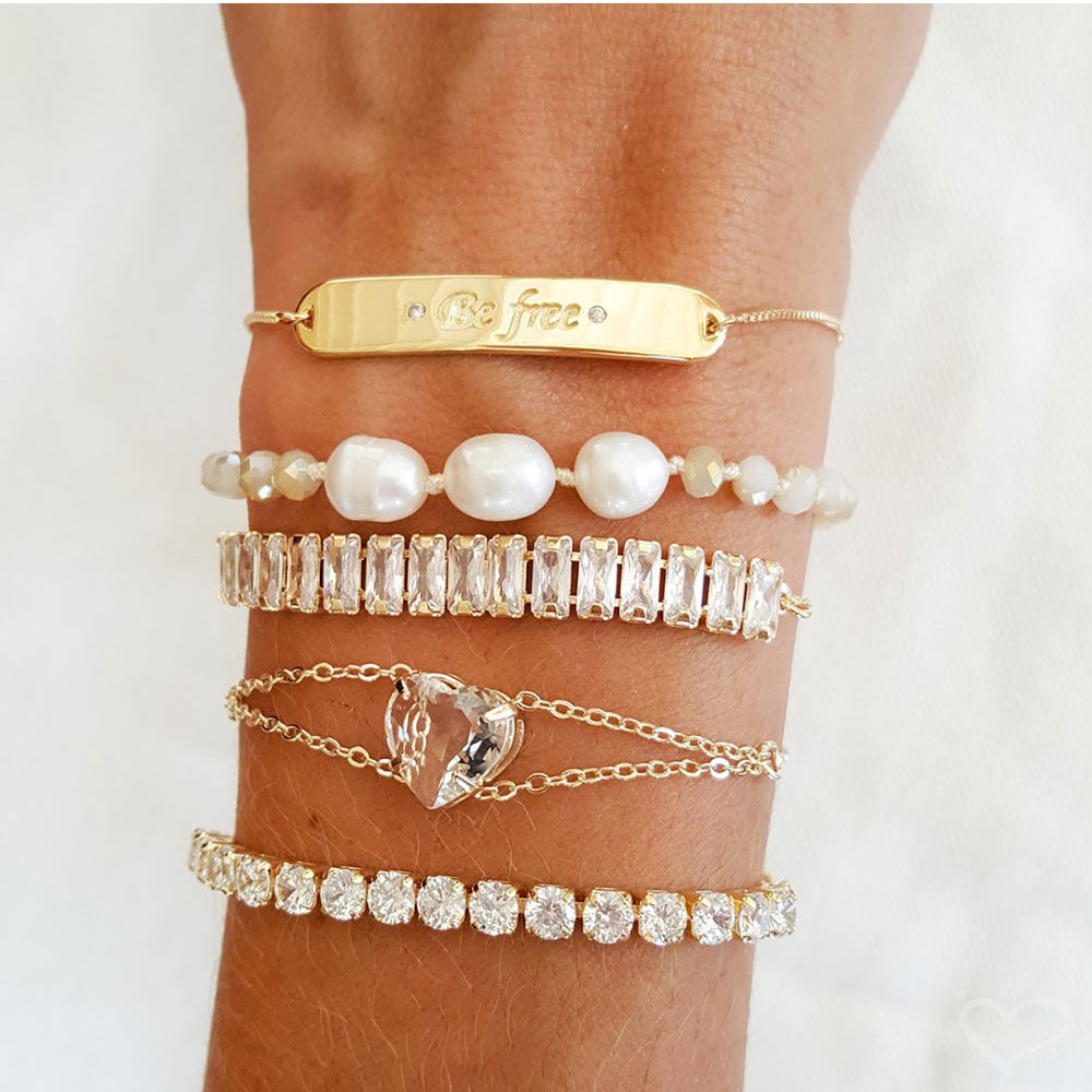 PULSEIRA FOLHEADA A OURO 18K AJUSTÁVEL CORAÇÃO ZIRCÔNIAS CRISTAL BREILA Dourado 2