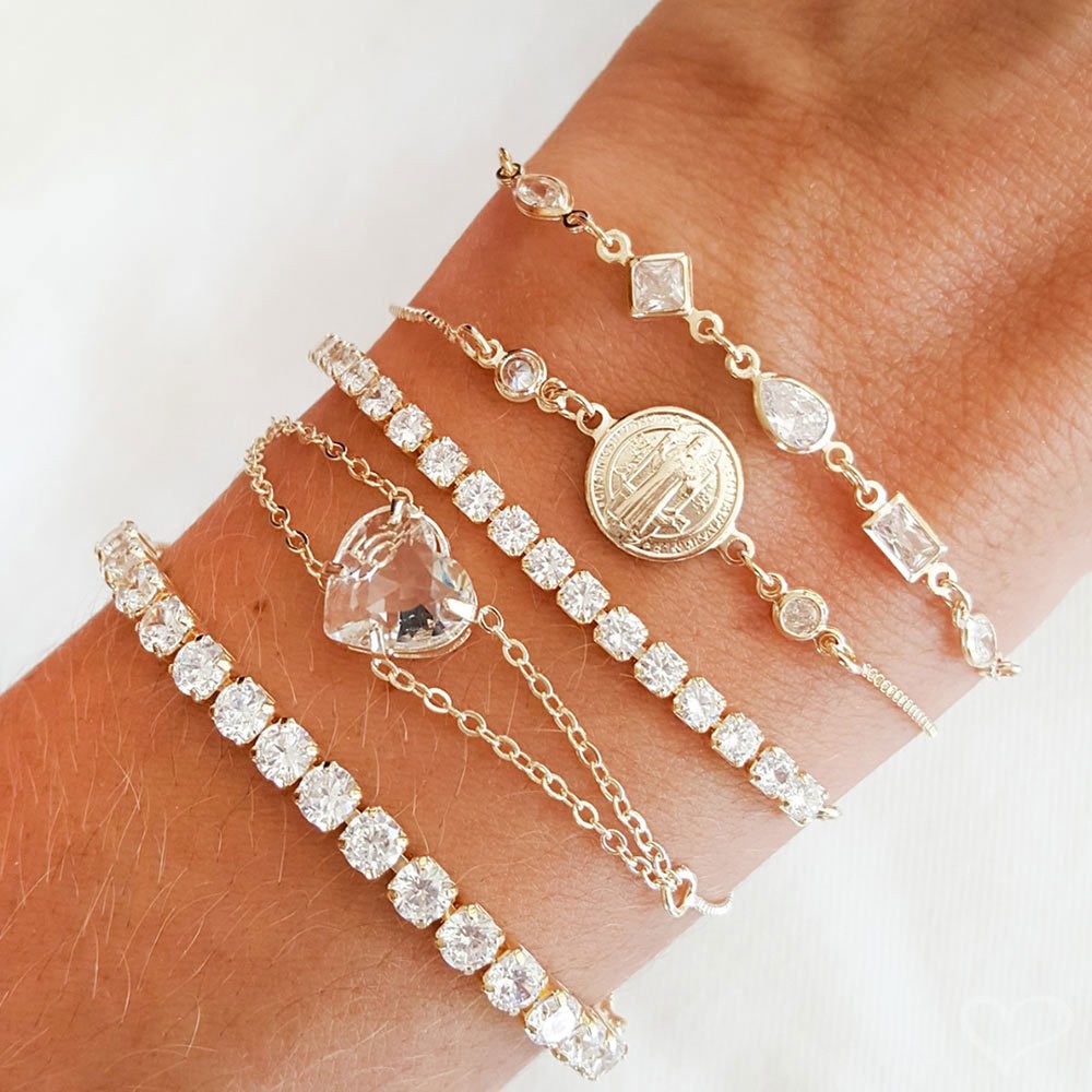 PULSEIRA FOLHEADA A OURO 18K AJUSTÁVEL CORAÇÃO ZIRCÔNIAS CRISTAL BREILA Dourado 3